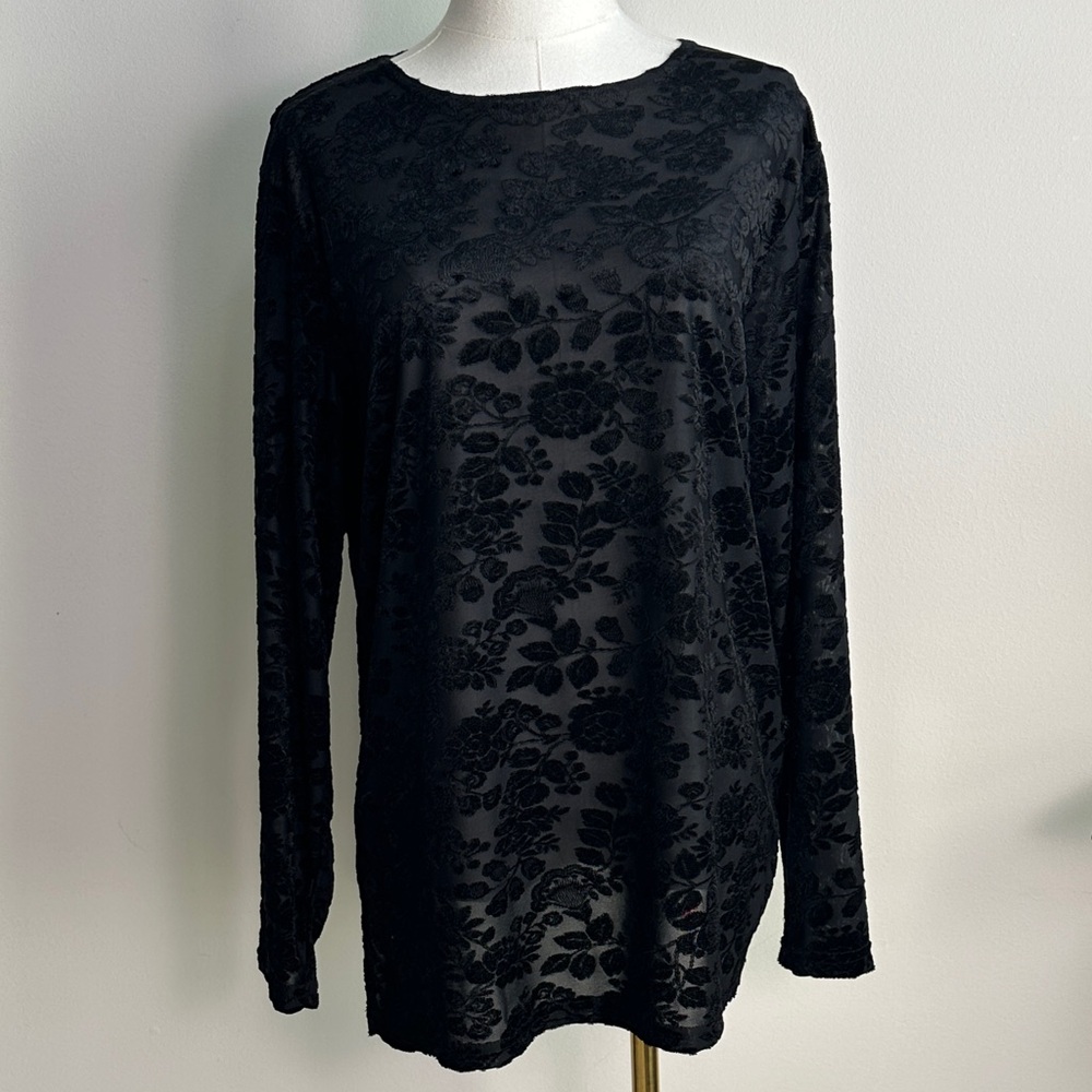 Vtg Womens L‎ Black Semi Sheer Floral Flocked Top Whimsigoth Dark Romantic USA